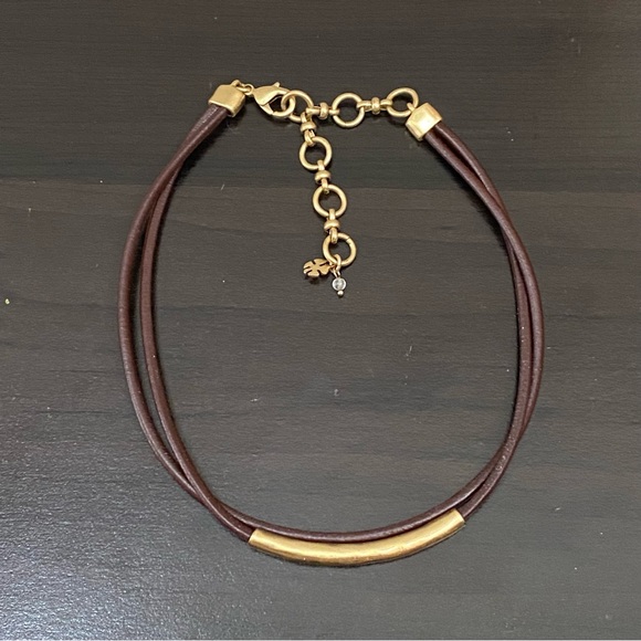 LUCKY BRAND Dark Brown Double Leather With Gold Bar Choker Necklace - Picture 6 of 9